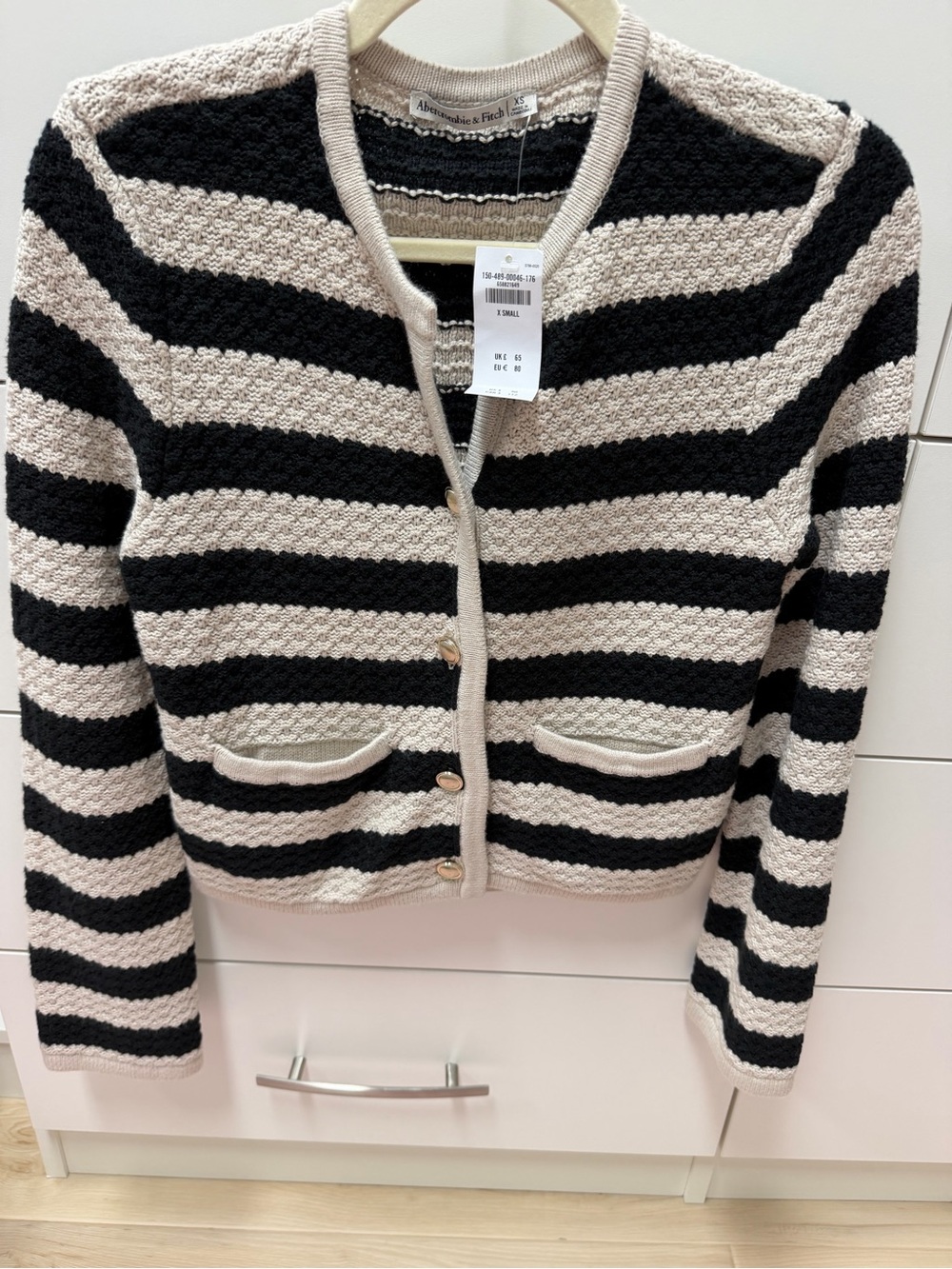 Abercrombie & Fitch Black and Cream Striped Knit Cardigan Sweater, XS